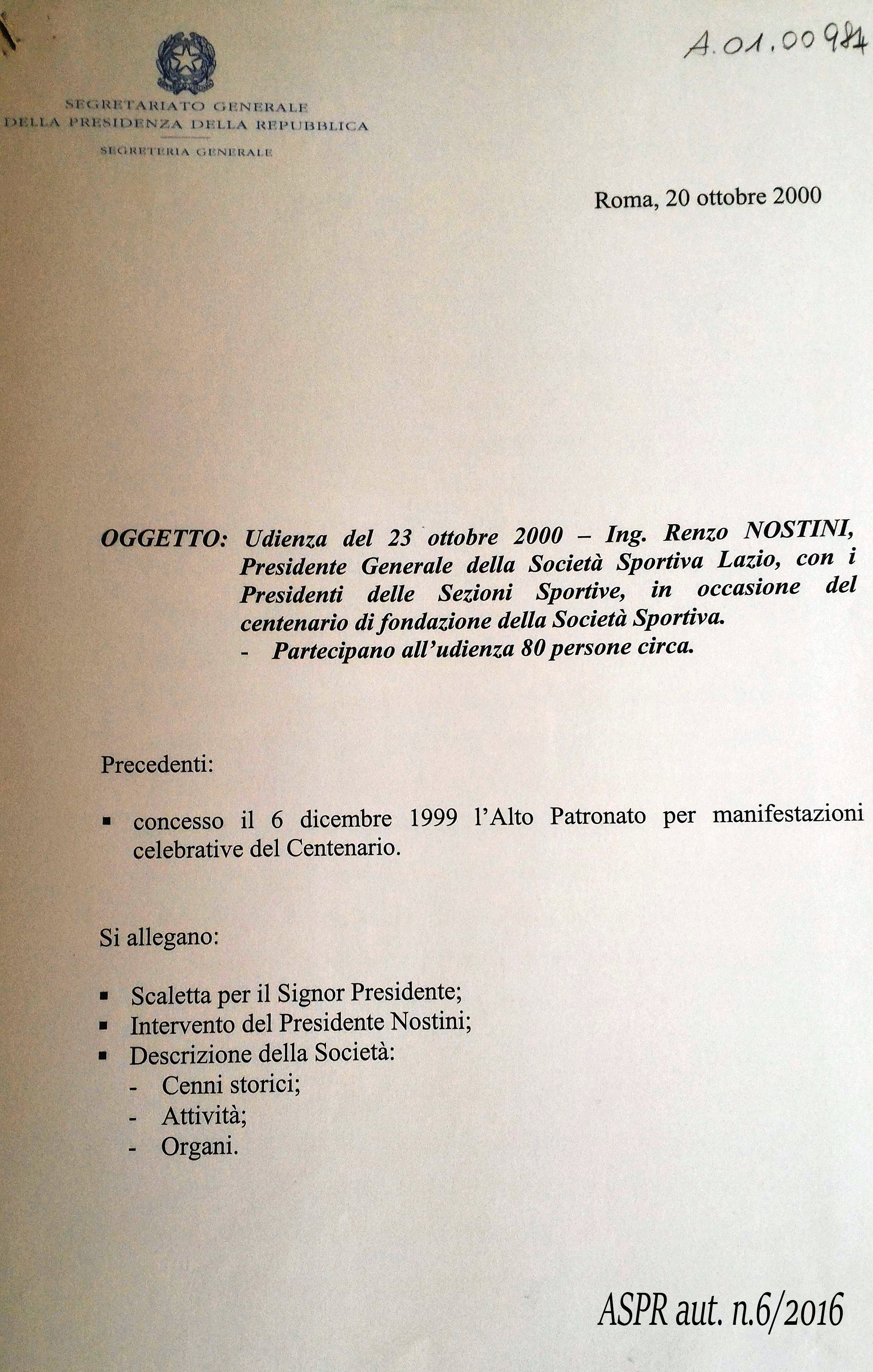 Concessione Alto Patronato - Promemoria Segreteria Generale20 ottobre 2000 (ASPR settennato Ciampi, Segreteria del Presidente A.01.00984)