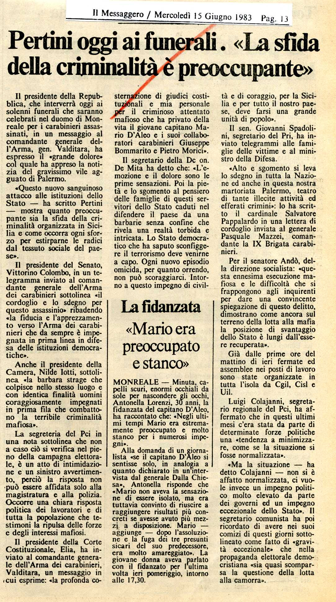 Messaggero 15 giugno 1983 - Funerali di Stato per M. D'Aleo