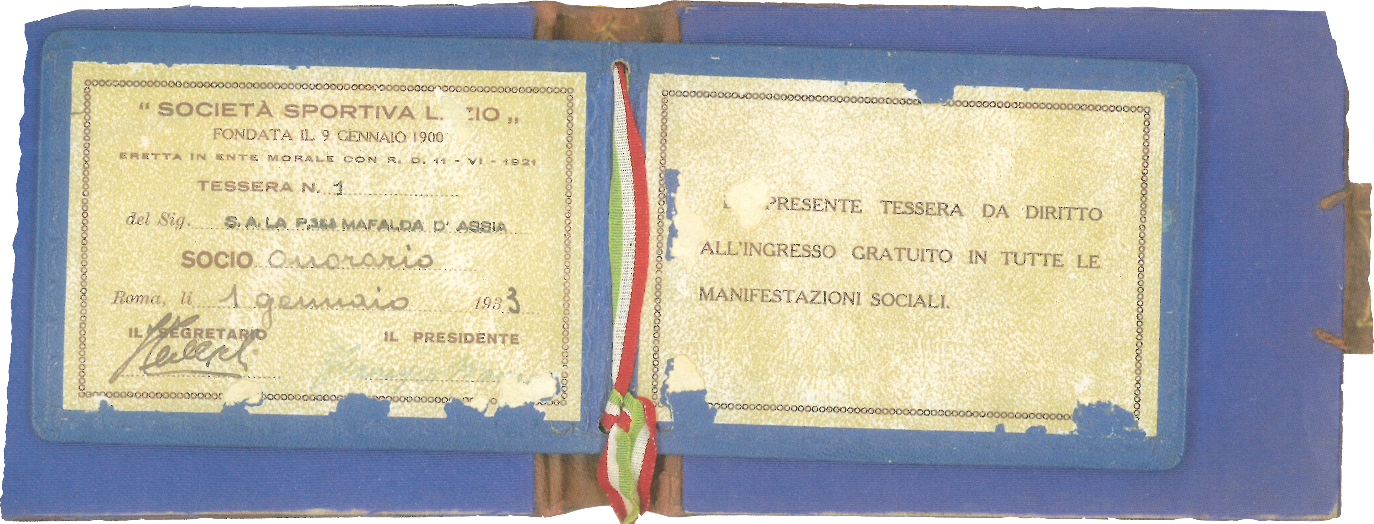 Tessera socio SS Lazio - Mafalda di Savoia (da Cor.d.sport)