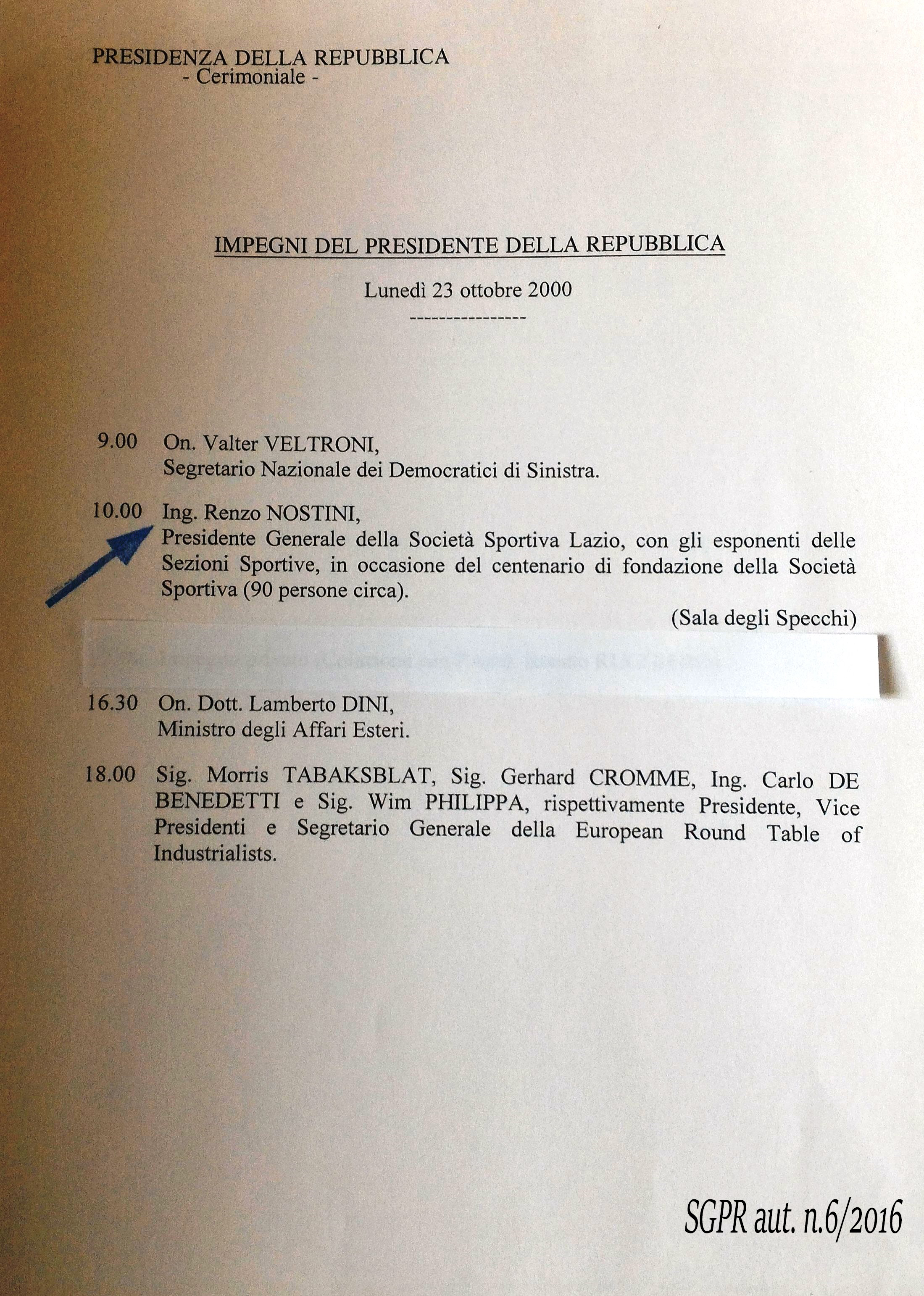 Velina impegni ufficiali Pres. Ciampi - Udienza23 ottobre 2000(ASPR settennato Ciampi, Segreteria del Presidente A.01.00984)