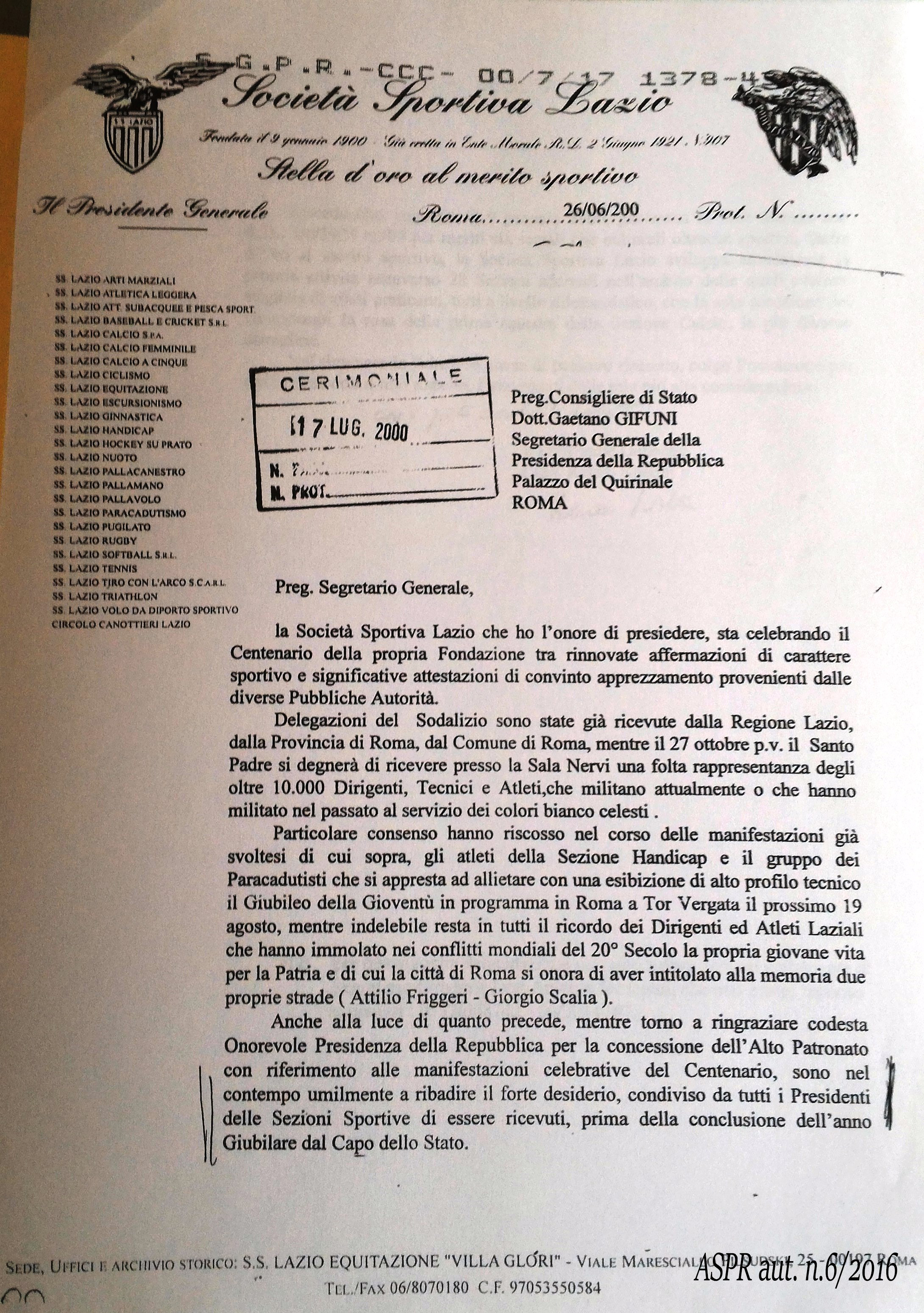 Centenario SS Lazio - Richiesta di udienza26 giugno 2000(ASPR settennato Ciampi, Segreteria del Presidente A.01.00984)